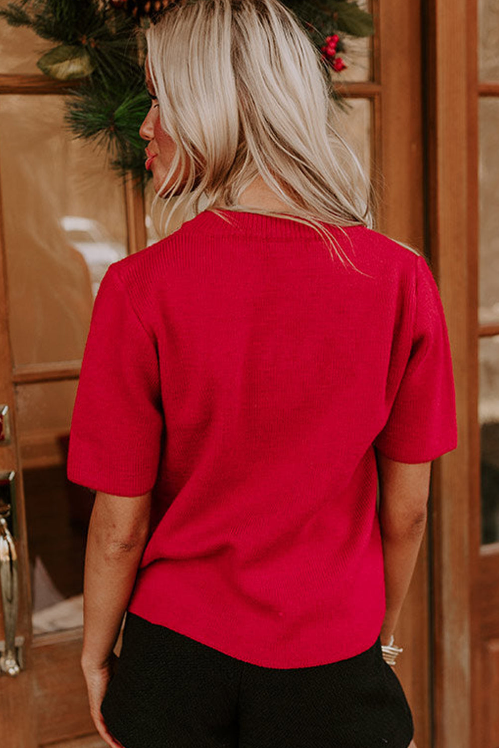 Fiery Red Contrast Bowknot Print Crew Neck Short Sleeve Sweater