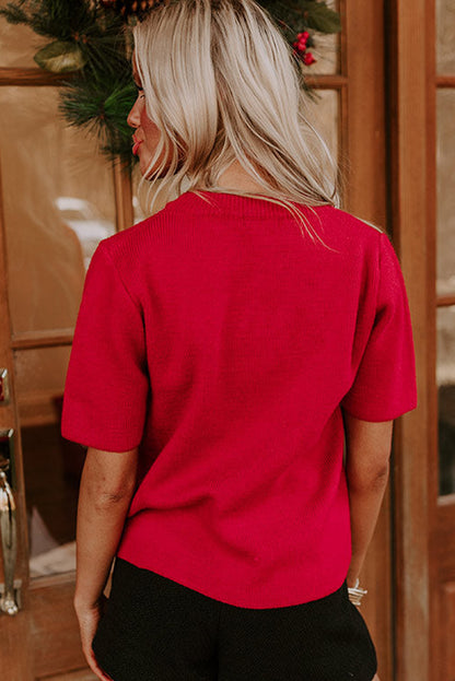 Fiery Red Contrast Bowknot Print Crew Neck Short Sleeve Sweater