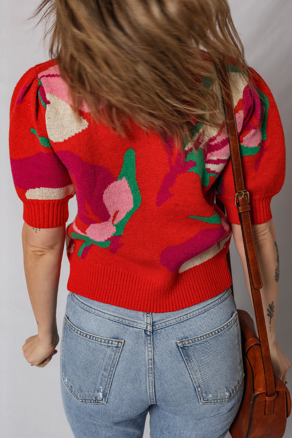 Red Floral Abstract Print Short Puff Sleeve Sweater