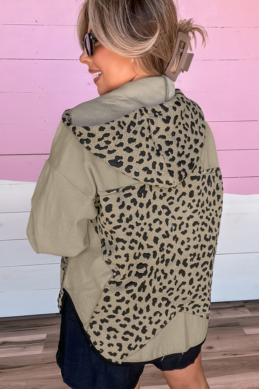Khaki Leopard Star Hooded Patchwork Contrast Piping Open Front Jacket
