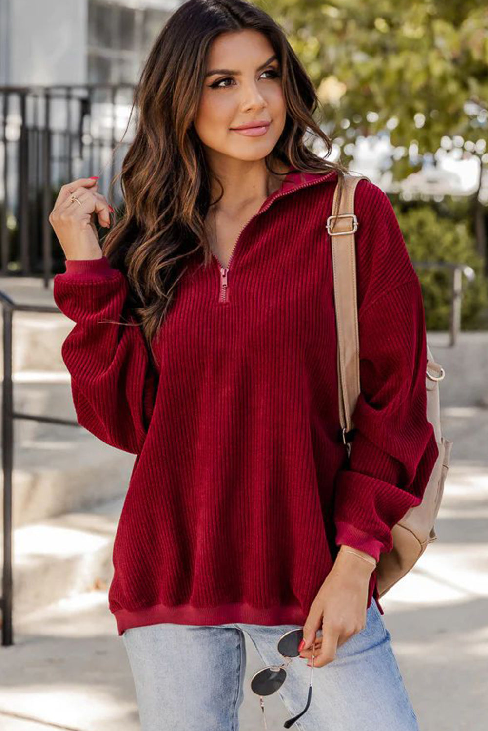 Red Dahlia Quarter Zip Drop Shoulder Corduroy Pullover Sweatshirt