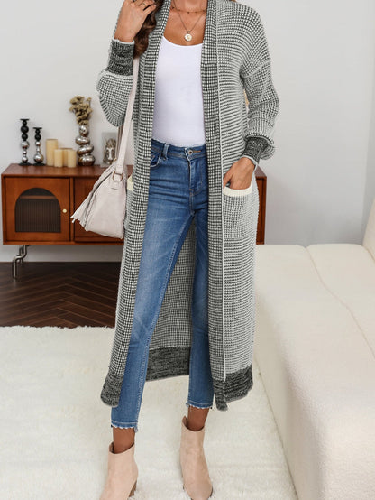 Gray Knit Textured Longline Cardigan with Pockets