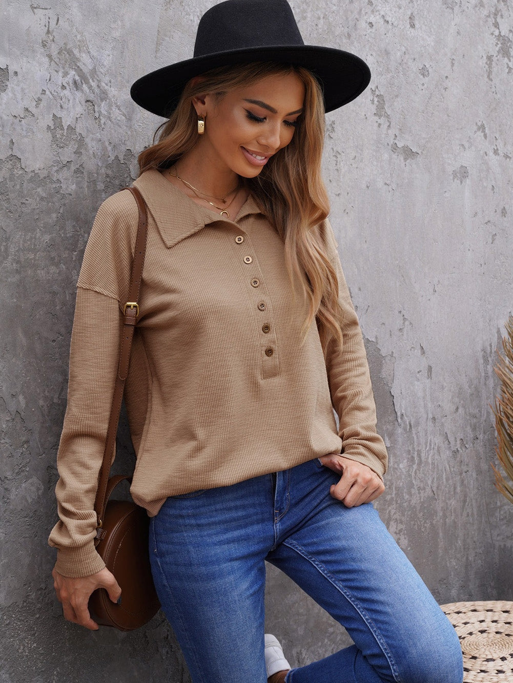 Elegant Khaki Knit Top with Chic Turn-down Neck