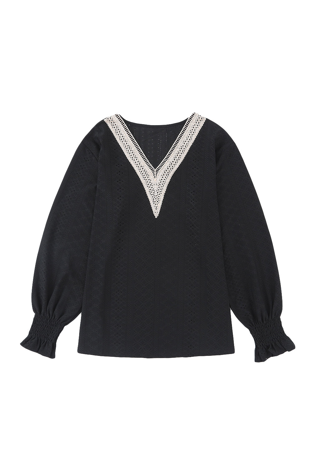Elegant Black Eyelet Lace V Neck Ruffle Sleeve Blouse