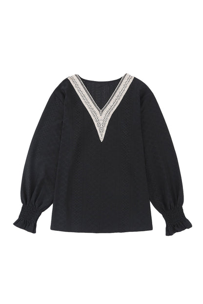 Elegant Black Eyelet Lace V Neck Ruffle Sleeve Blouse
