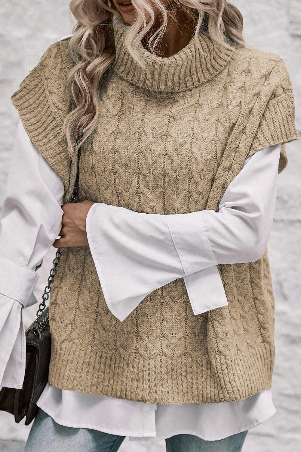 French Beige Cable Knit Turtleneck Batwing Sleeve Sweater with Unique Details