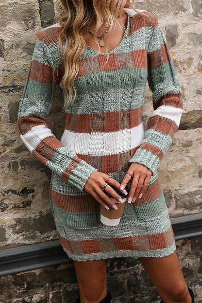 Green Stripe Textured Knit V Neck Bodycon Sweater Mini Dress