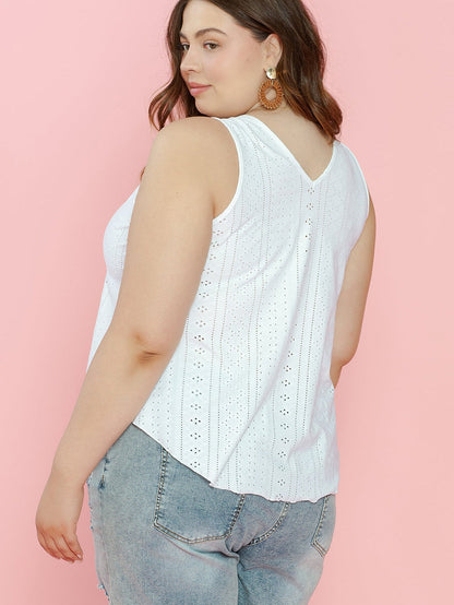 White Plus Size Guipure V Neck Eyelet Lace Tank Top