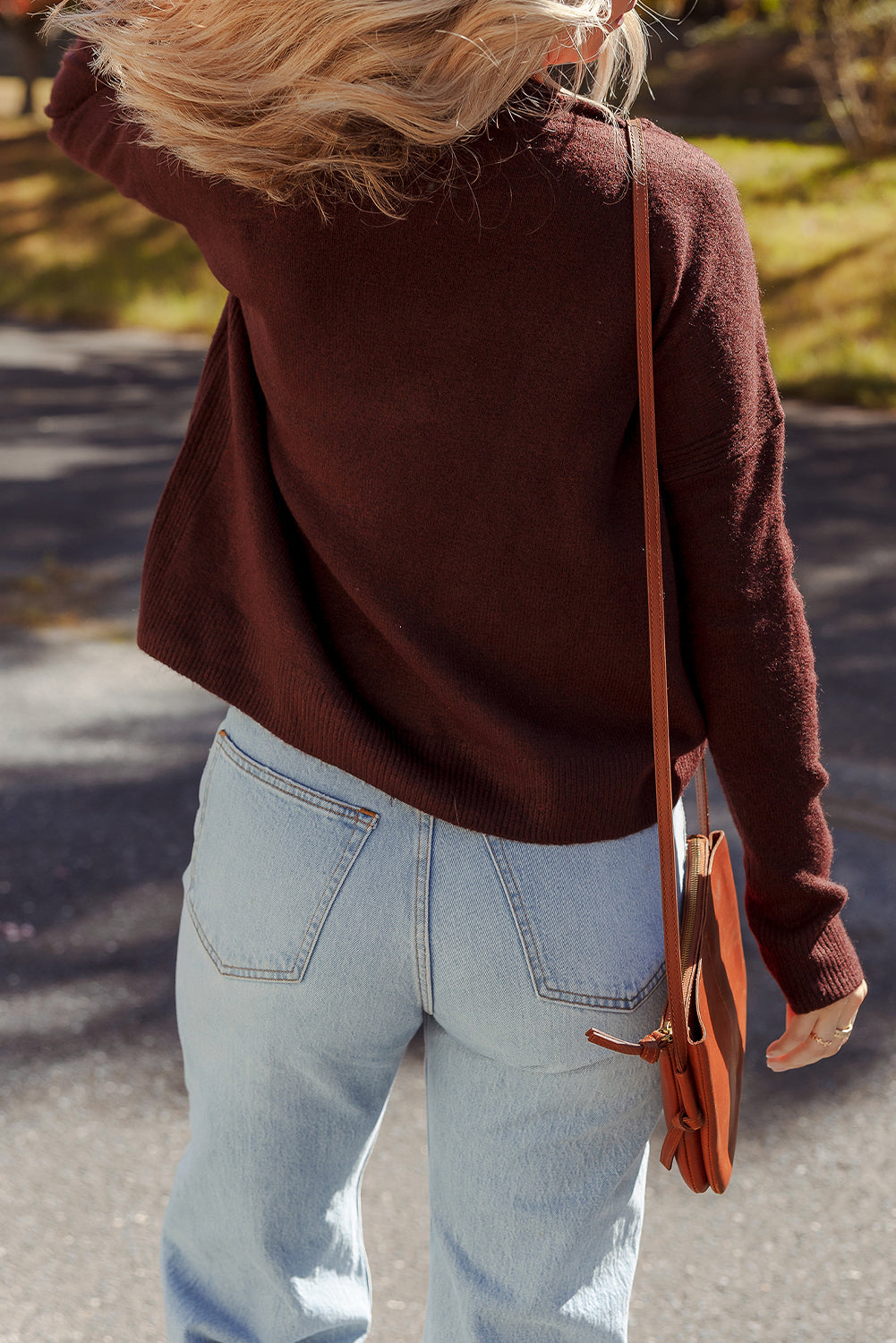 Burgundy Solid Ribbed Knit Drop Shoulder Crew Neck Sweater