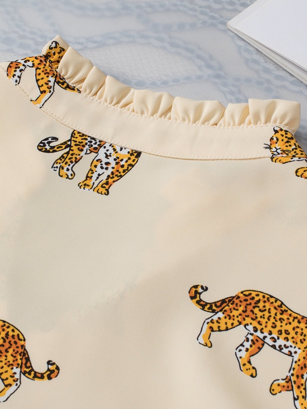 Apricot Leopard Print V-Neck Puff Half Sleeve Blouse