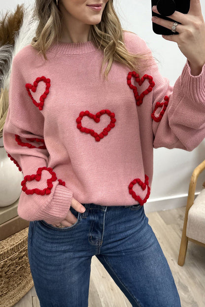 Fushia Puffy Heart Embroidery Drop Shoulder Sweater