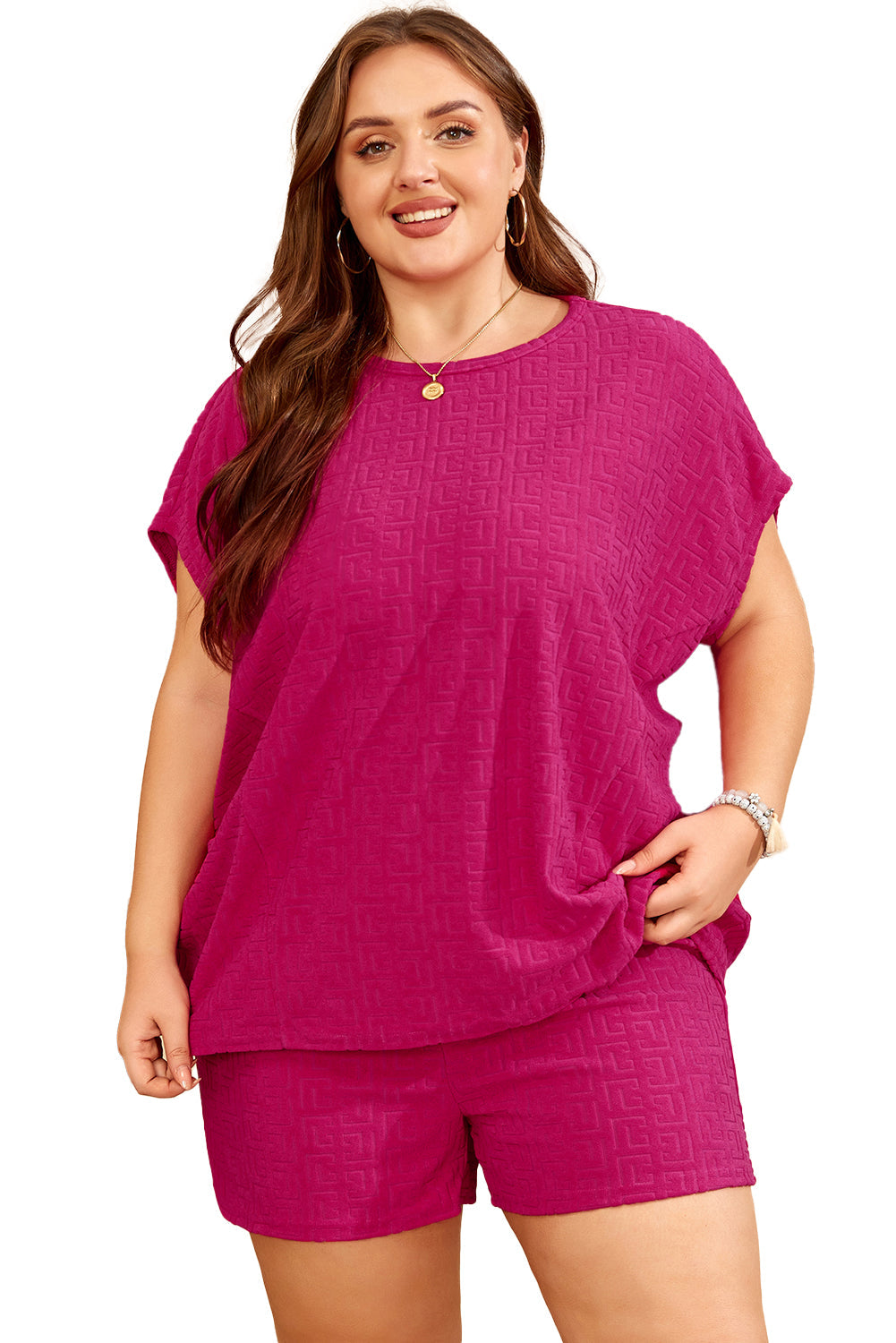 Rose Red Textured Plus Size Dolman Sleeve Top and Shorts Set