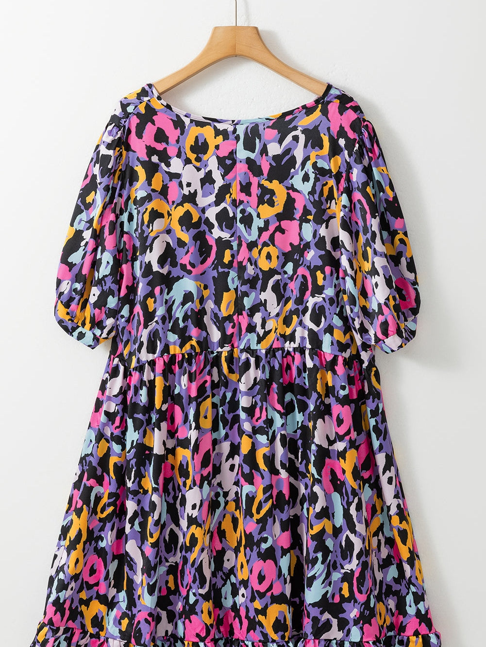 Purple Leopard Print V-Neck Plus Size Mini Dress with Ruffle Detail