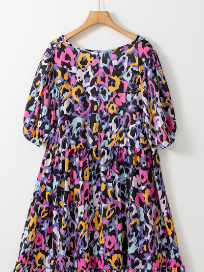 Purple Leopard Print V-Neck Plus Size Mini Dress with Ruffle Detail