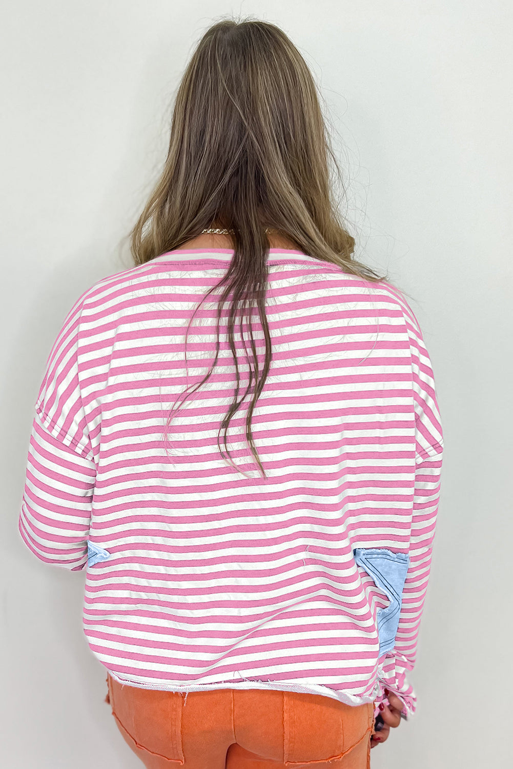 Pink Stripe Starry Patch Drop Shoulder Raw Edge Casual Knit Top