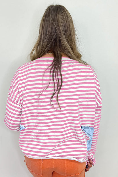 Pink Stripe Starry Patch Drop Shoulder Raw Edge Casual Knit Top