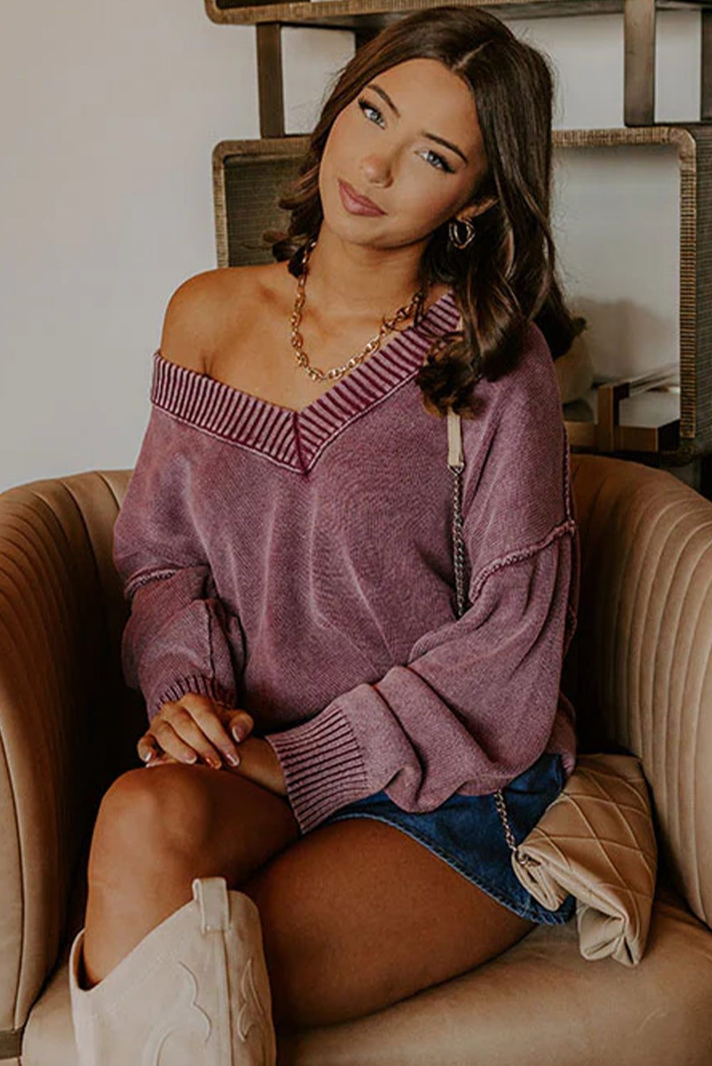 Burgundy Mineral Wash V Neck Knit Exposed Seam Drop Shoulder Loose Sweater