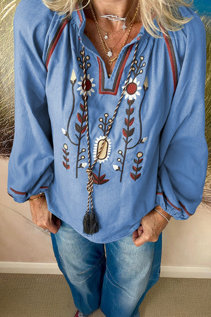 Real Teal Floral Embroidered Split Neck Tassel Tie Puff Sleeve Blouse