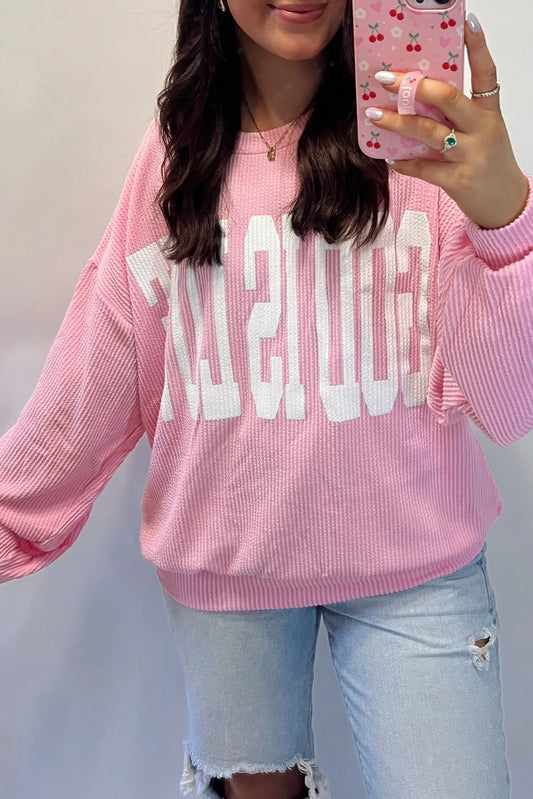 Pink GOD IS LOVE/ SAVED BY GRACE Letter Print Twisted Ribbed Loose Top