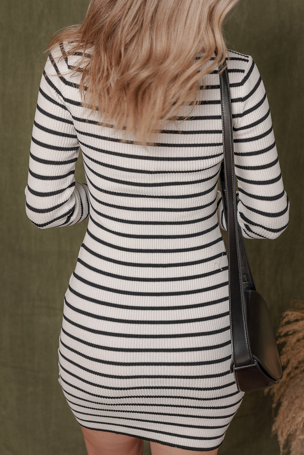 Black Stripe Square Neck Ribbed Knit Mini Sweater Dress
