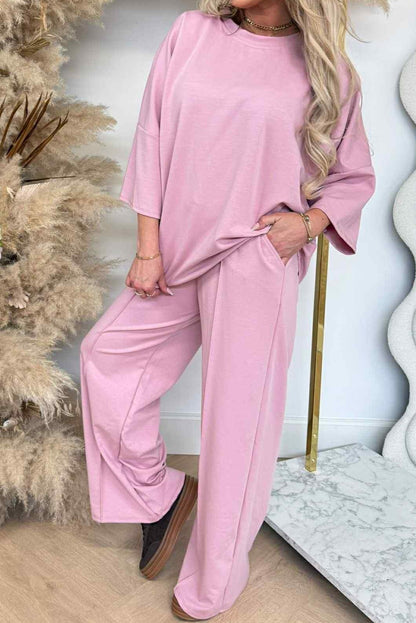 Pink 3/4 Sleeve Loose Top Drawstring Wide Leg Pant Set