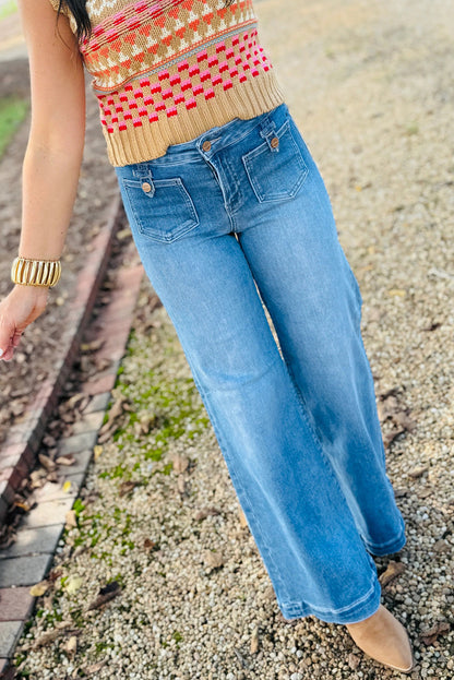 Sky Blue Button Tab Chic Pocket Womens Casual Jeans