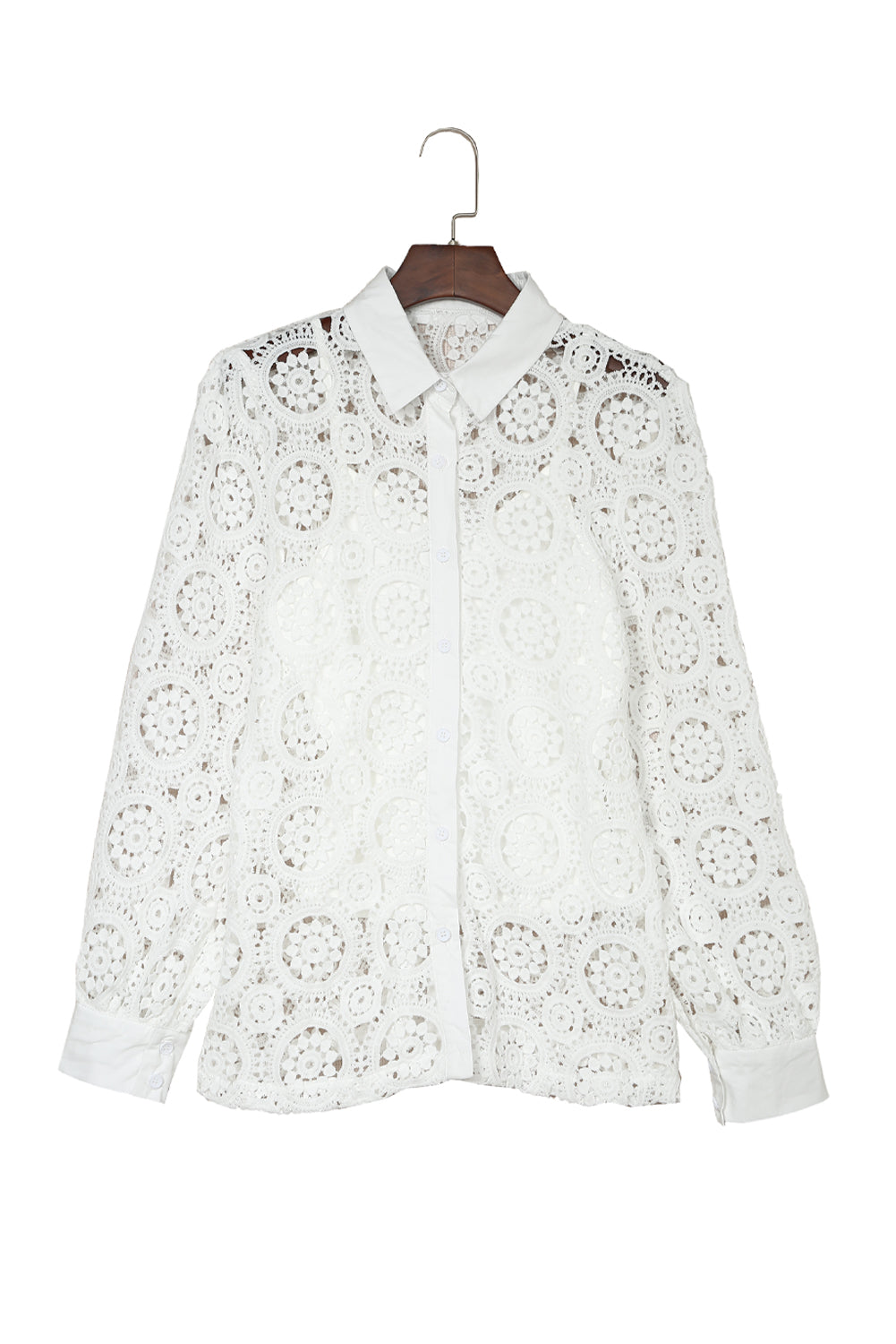 Elegant White Crochet Lace Button-Up Shirt with Turn-down Collar