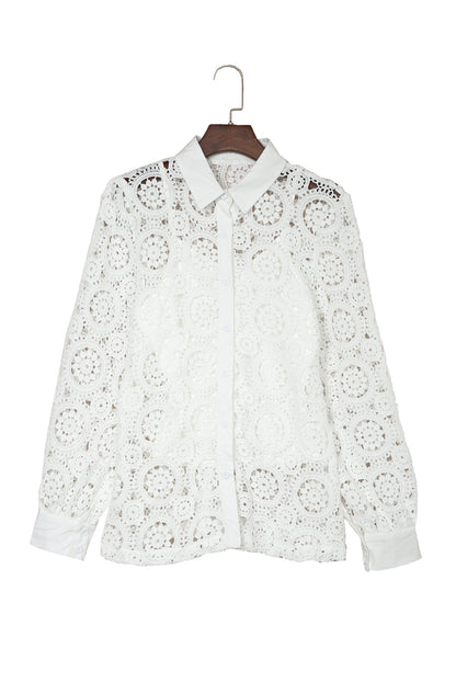 Elegant White Crochet Lace Button-Up Shirt with Turn-down Collar