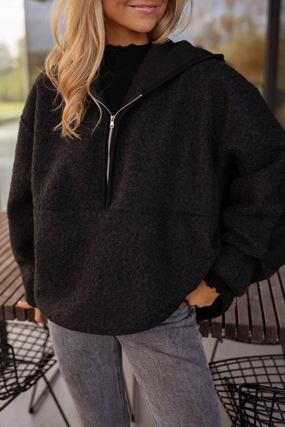 Black Woolen Blend Uneven Hem Half Zipped Pullover Baggy Hoodie