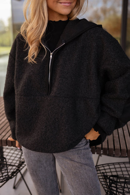 Black Woolen Blend Uneven Hem Half Zipped Pullover Baggy Hoodie