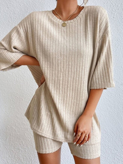 Apricot Ribbed Lounge Set with Loose Silhouette