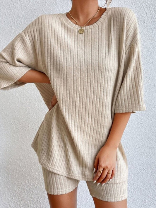 Apricot Ribbed Lounge Set with Loose Silhouette