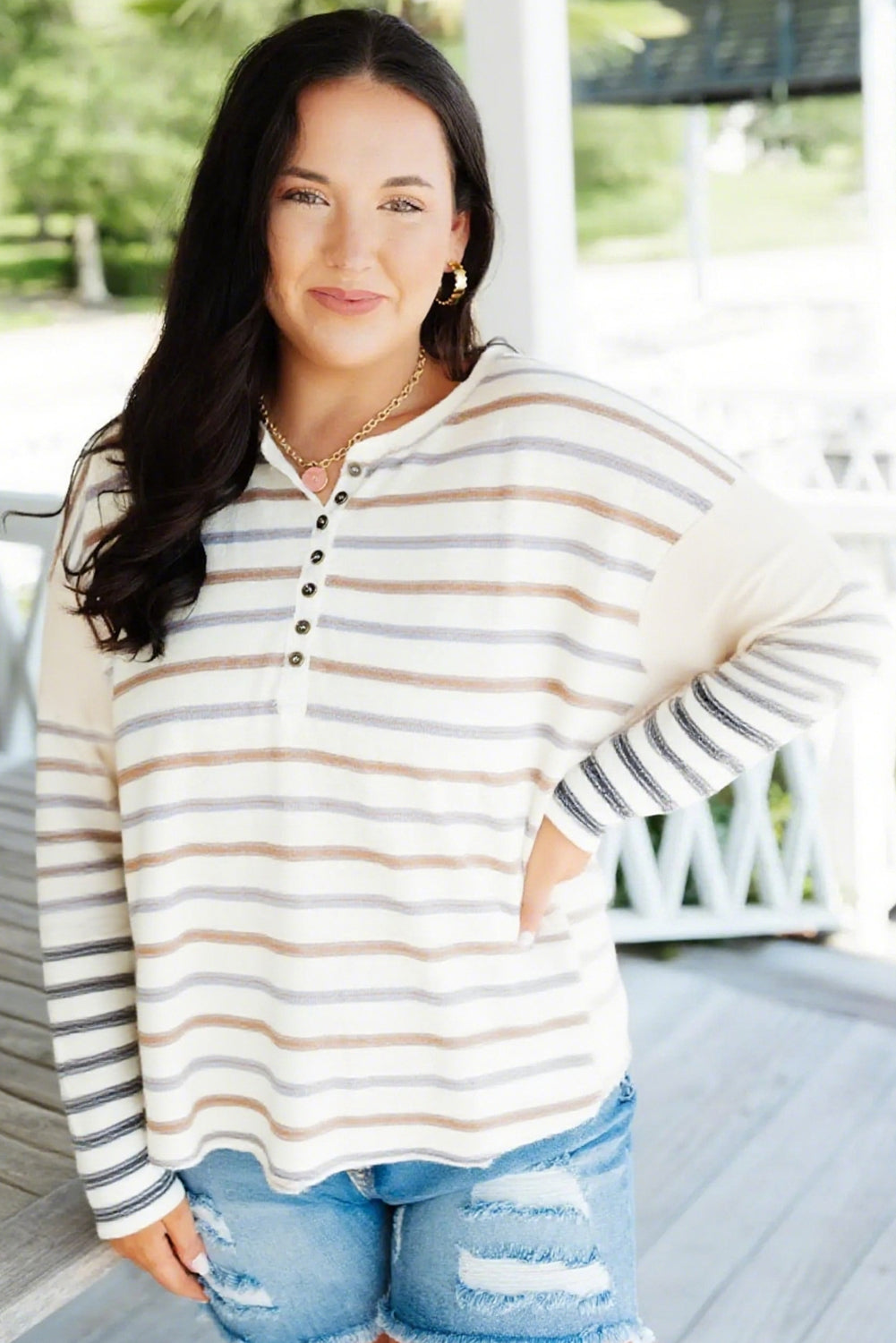 Khaki Stripe Plus Size Contrast Long Sleeve Patchwork Henley Top
