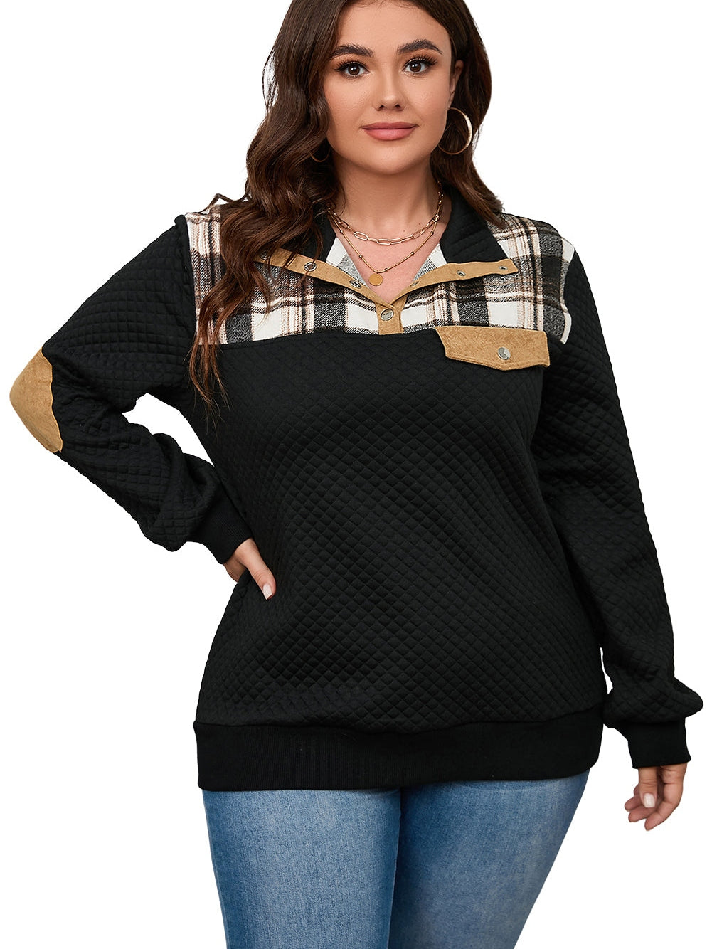 Quilted Black Plaid Patch Plus Size Henley Sweatshirt