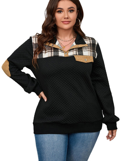 Quilted Black Plaid Patch Plus Size Henley Sweatshirt