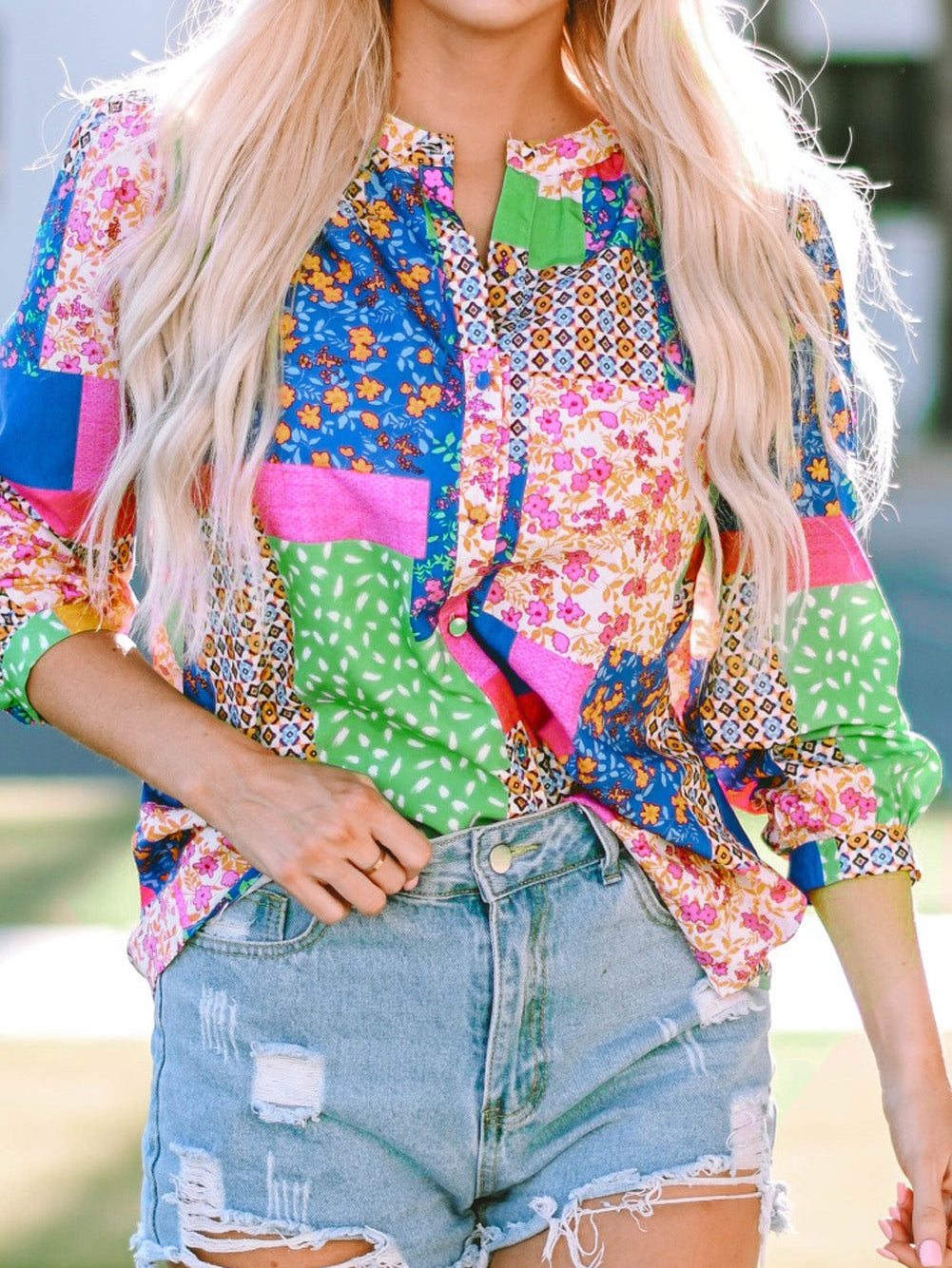 Floral Patchwork Print Button-Up Blouse
