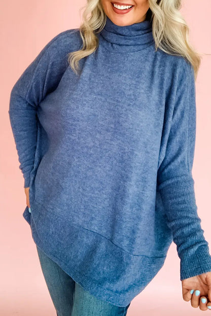 Sail Blue Solid Color Turtleneck Ribbed Patchwork Dolman Long Sleeve Top