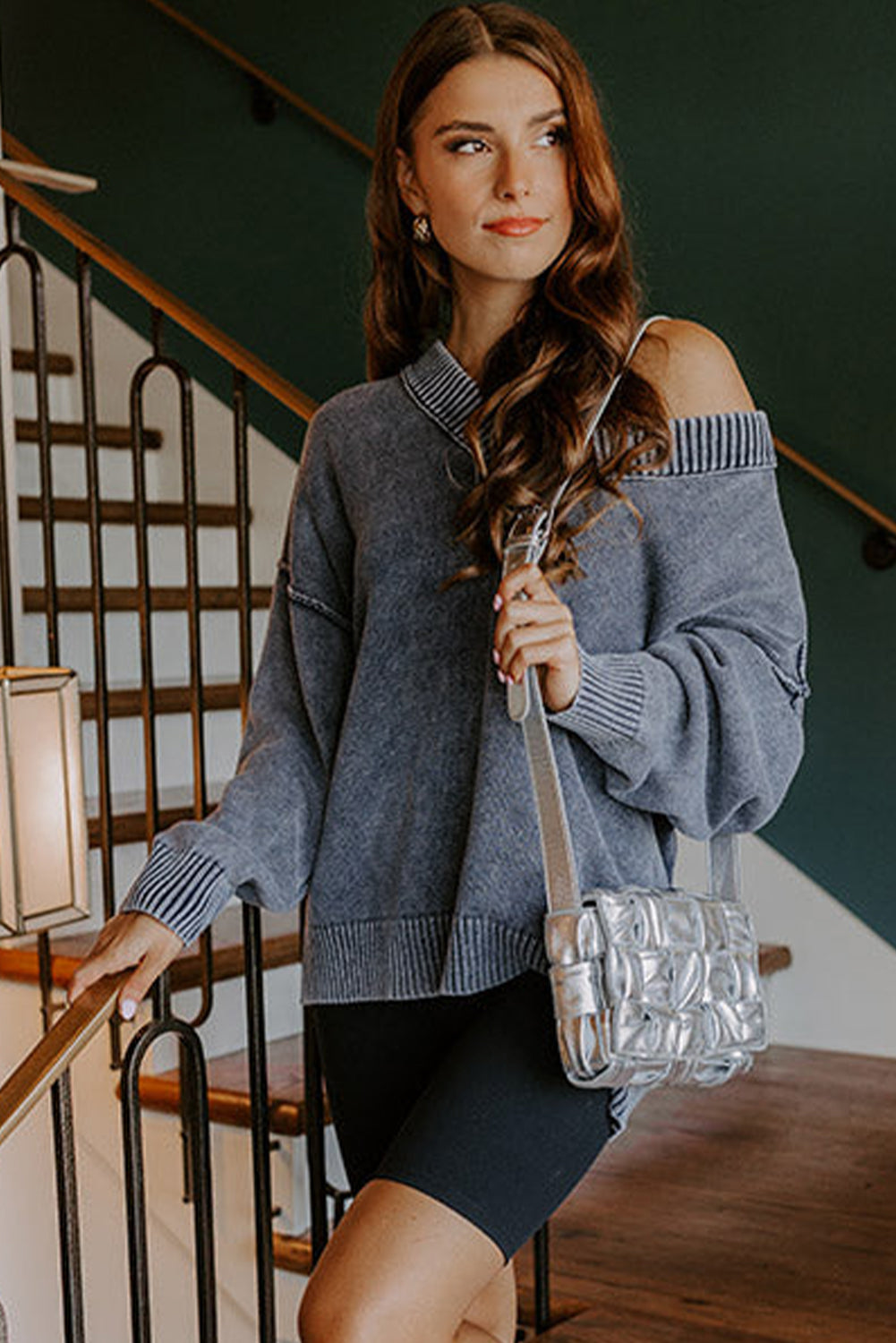 Navy Blue Mineral Wash V Neck Knit Exposed Seam Drop Shoulder Loose Sweater