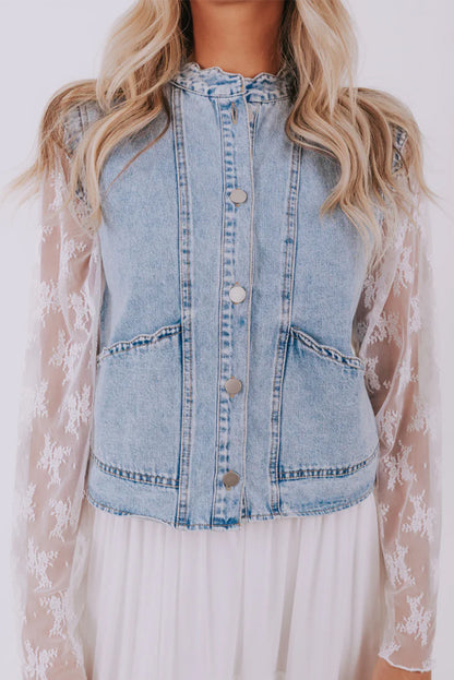 Beau Blue Scalloped Trim Patch Pocket Button Front Denim Vest
