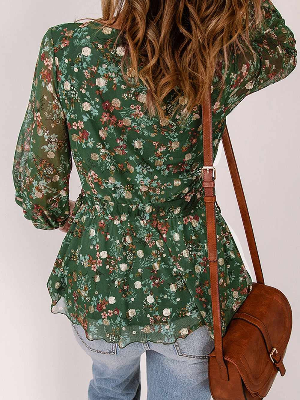 Green Ditsy Floral Peplum Blouse with V-Neck and Long Sleeves