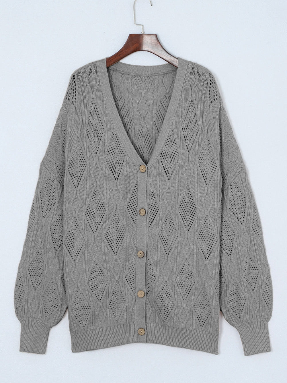 Cozy Gray Hollow Knit Plus Size Button-Up Cardigan