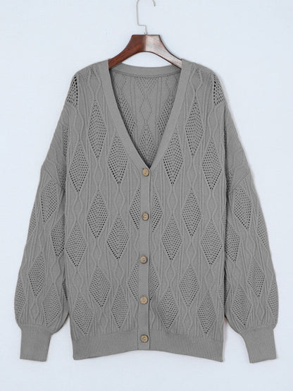 Cozy Gray Hollow Knit Plus Size Button-Up Cardigan