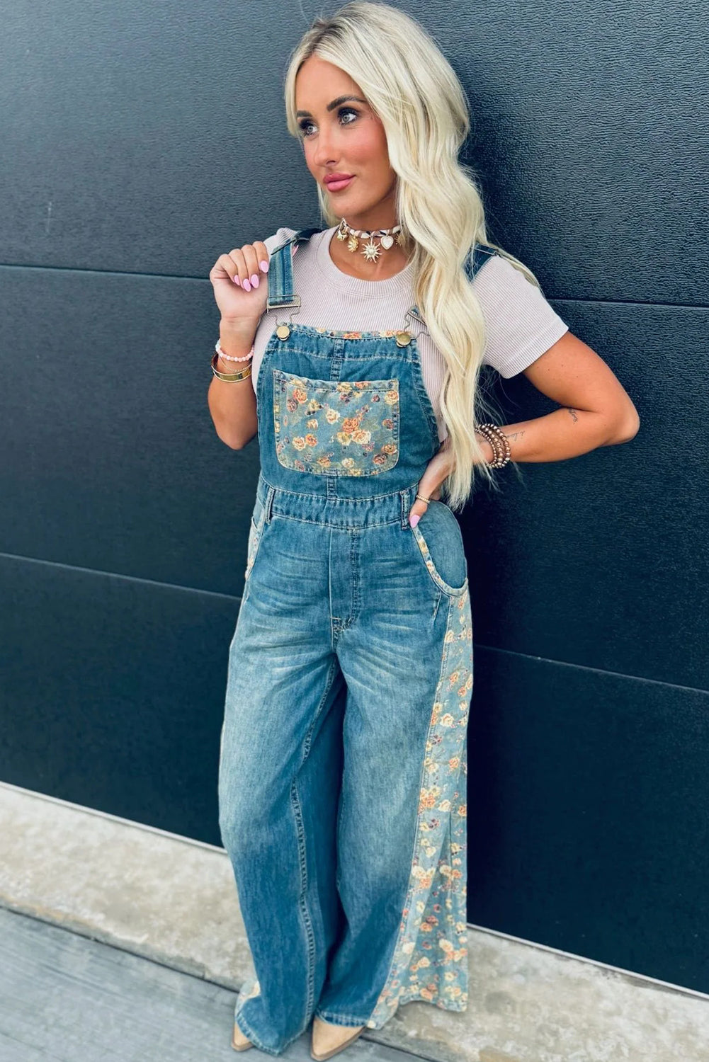 Peacock Blue Floral Patchwork Bib Denim Wide Leg Overalls