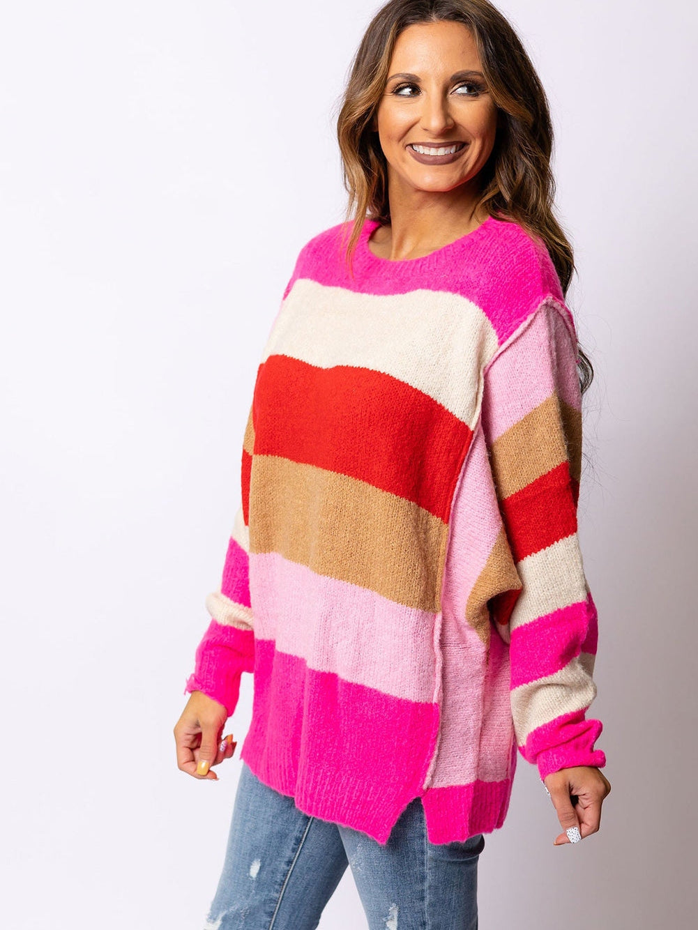 Fiery Red Mix Horizon Stripes Dolman Sleeve Pullover Sweater
