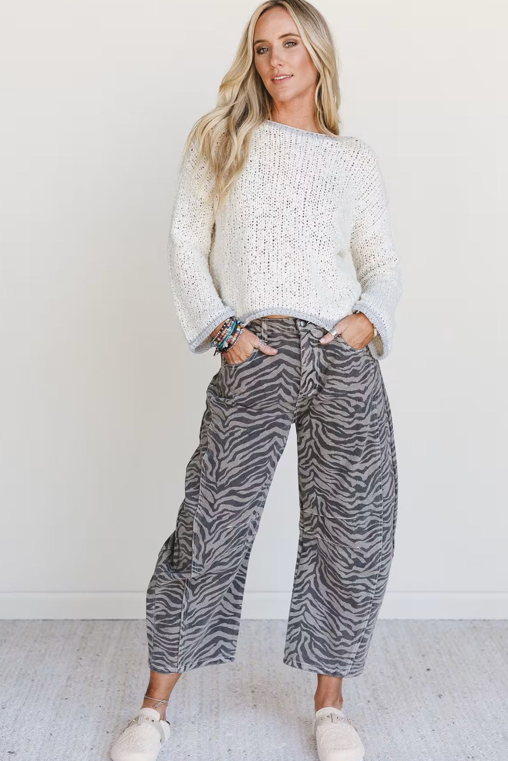 Gray Zebra Stripe Printed Wide Leg Jeans