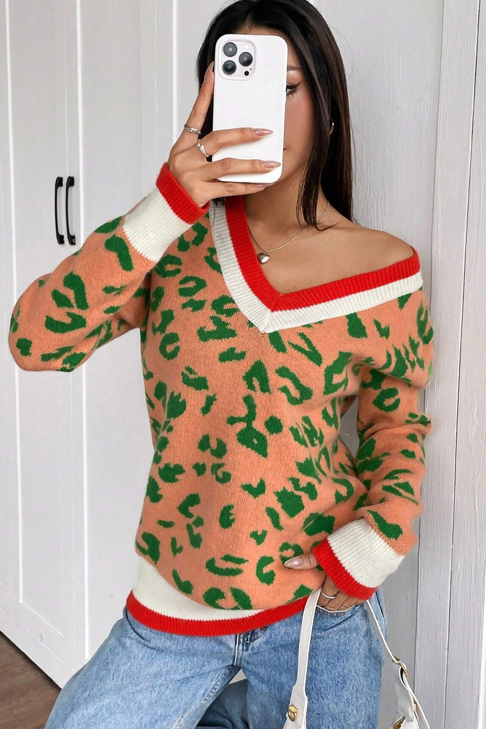 Orange Leopard Pattern Knit Contrast Striped Trim V Neck Sweater