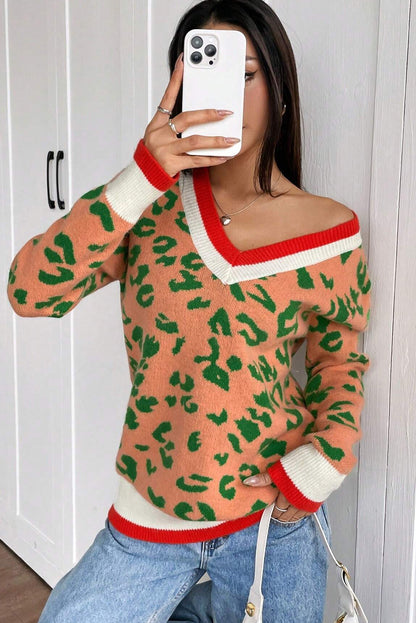 Orange Leopard Pattern Knit Contrast Striped Trim V Neck Sweater
