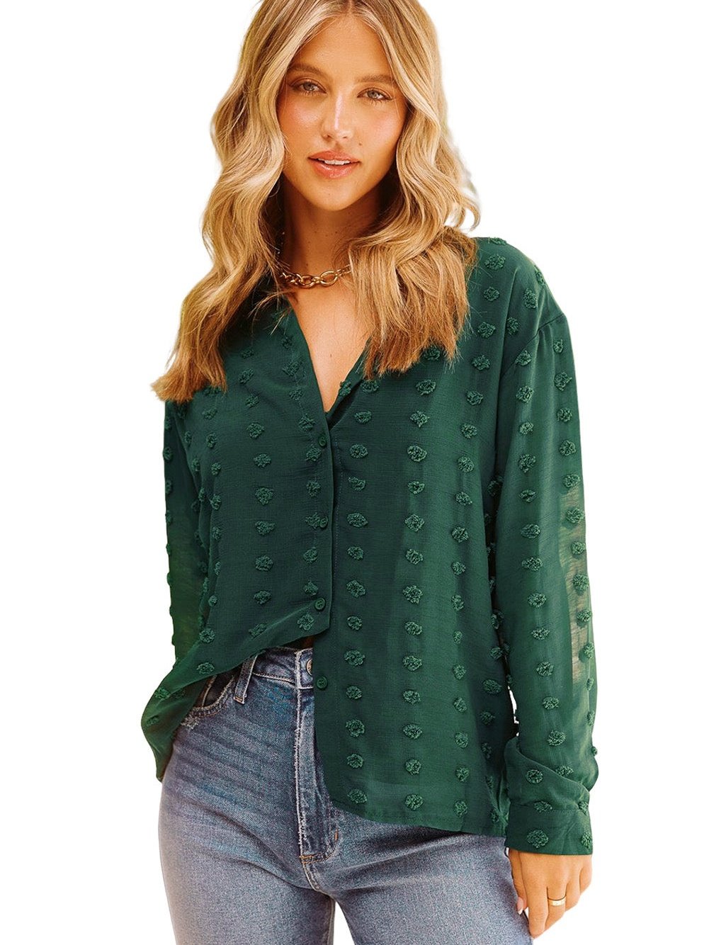 Green Fuzzy Polka Dot Shirt with Long Sleeves