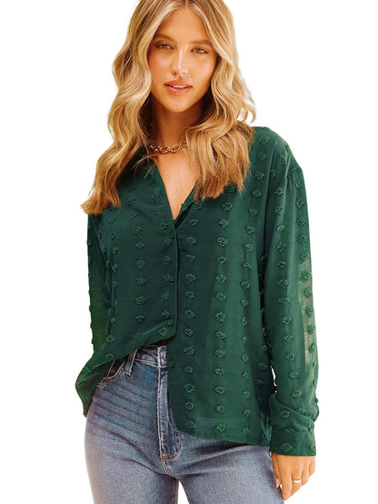 Green Fuzzy Polka Dot Shirt with Long Sleeves