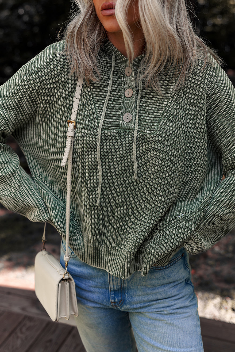 Mist Green Mineral Wash Ribbed Knit Button Drawstring Neck Hooded Sweater
